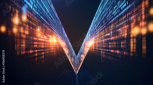 Big data technology and information funnel concept. Large digital funnel with online data as process of data collection, analysis, and transformation into useful information. Modern, digital  photo