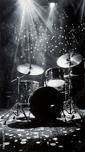 black and white photograph captures an empty drum set under dramatic stage lights with sparkling particles, evoking a moody, pre-performance atmosphere