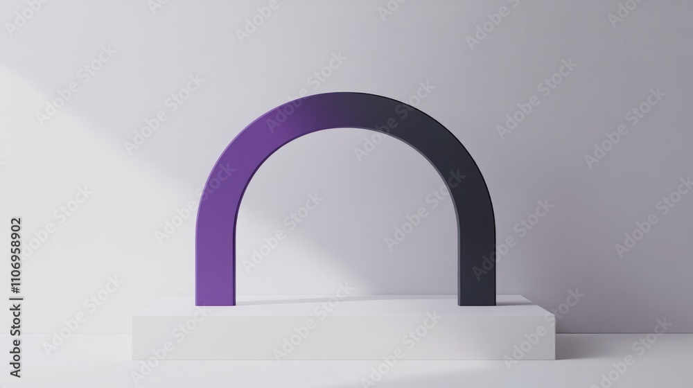A minimalistic purple and black arch sculpture on a white pedestal. A minimalistic purple and black arch sculpture on a white pedestal.