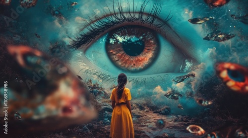 Girl gazing at a giant eye in a surreal dreamscape filled with fish and other eyes.