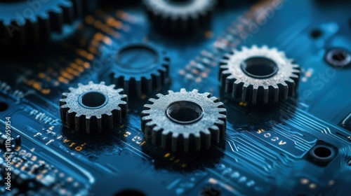 Intricate Gears on Circuit Board: A Close-Up of Technological Precision