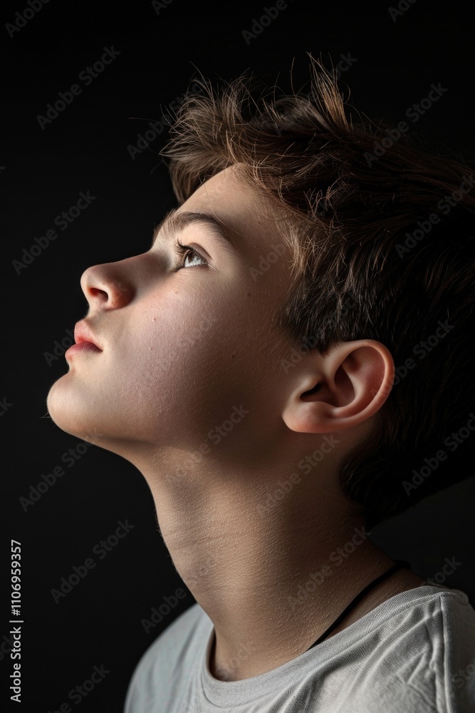 Young boy with brown hair and brown eyes is looking up at the camera. The image has a moody and introspective feel to it, as if the boy is deep in thought or contemplating something Young boy with brown hair and brown eyes is looking up at the camera. The image has a moody and introspective feel to it, as if the boy is deep in thought or contemplating something