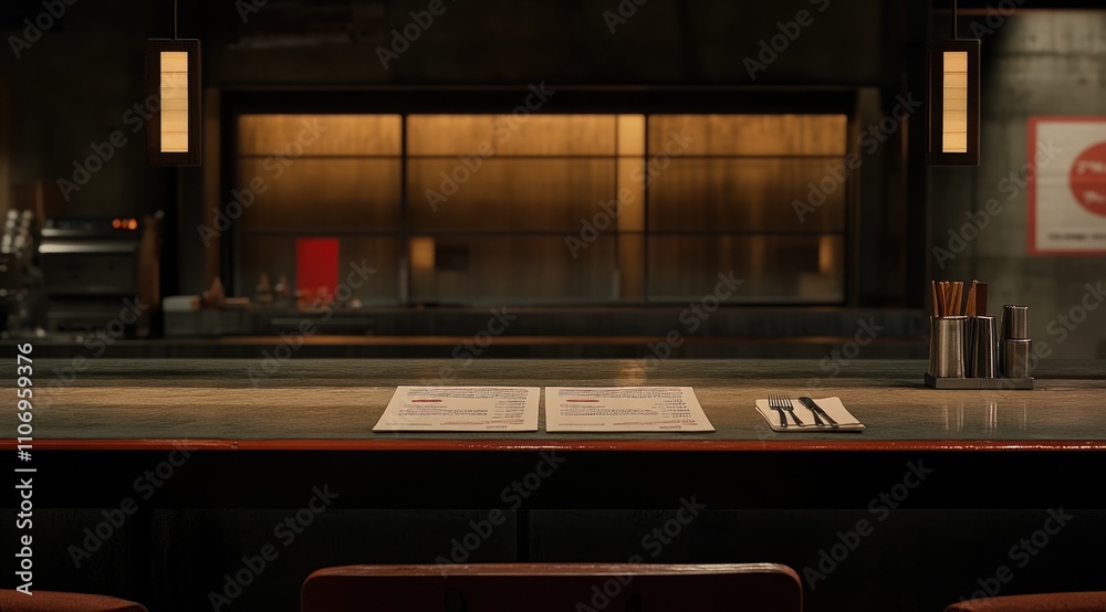 A cozy restaurant interior featuring menus and dining utensils on a counter. A cozy restaurant interior featuring menus and dining utensils on a counter.