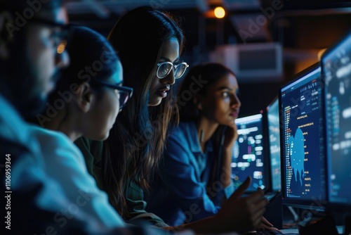 Group of people are working on a computer screen, with one woman pointing at the screen. Scene is focused and collaborative, as the group works together to solve a problem or complete a task