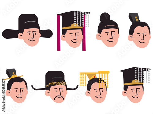 Korean character head culture headwear hat cap hair style traditional South Korea tradition cultural headdress accessories Joseon kingdom era heritage smiling facial expression face design icon set