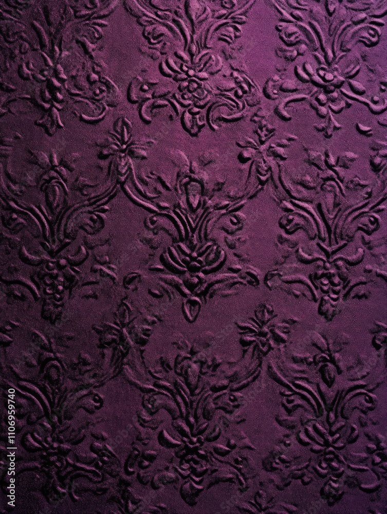 Purple fabric with a floral pattern. The fabric is very thick and has a shiny texture. The color of the fabric is purple and it looks very luxurious Purple fabric with a floral pattern. The fabric is very thick and has a shiny texture. The color of the fabric is purple and it looks very luxurious