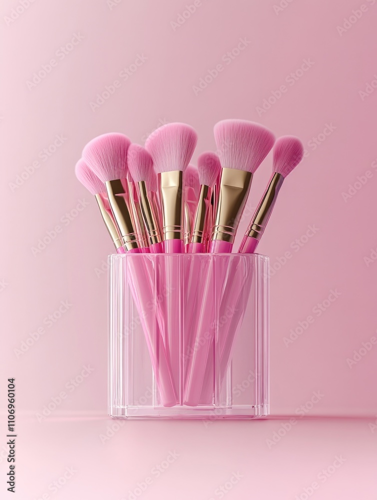 Row of pink makeup brushes are displayed in a clear container. Concept of organization and beauty, as the brushes are neatly arranged in the container. The pink color of the brushes Row of pink makeup brushes are displayed in a clear container. Concept of organization and beauty, as the brushes are neatly arranged in the container. The pink color of the brushes