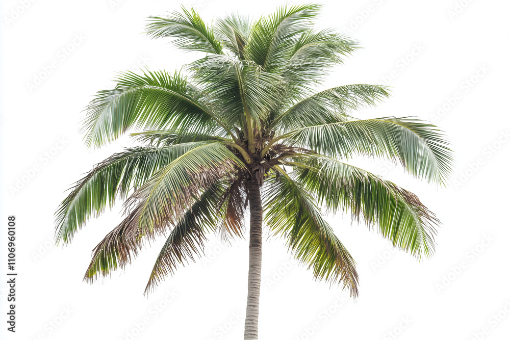 Fototapeta premium Selective focus tall coconut tree at the beach isolated on white background, Tropical tree at the beach, Palm tree at the island on white.