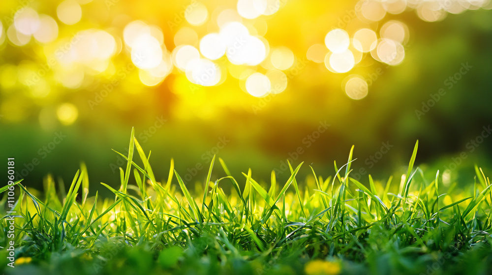 Obraz premium Close-up of lush green grass with sunshine creating bokeh effects in a blurred background, capturing the essence of a serene natural environment for lifestyle.