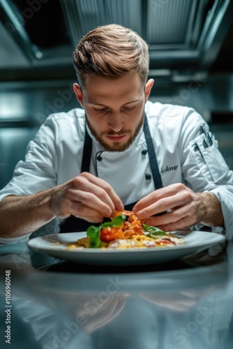 Chef is preparing a meal on a plate. The plate is full of food and the chef is adding some garnish to it. The chef is wearing a white apron and a black hat