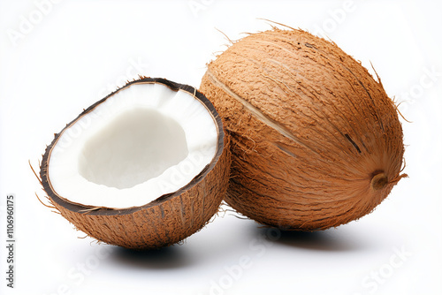 Close up shot coconut with coconut shell isolated on white background, Selective focus cut coconut with white edible part, Tropical fruit at the beach.