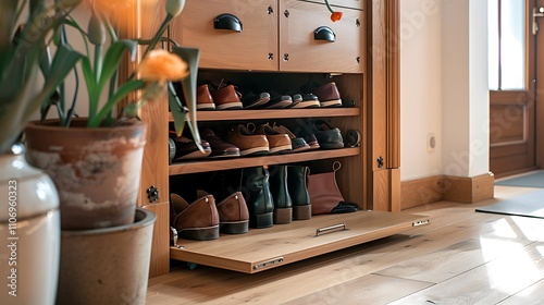 Hidden shoe storage compartment with a secret door for a clutter-free and stylish entryway