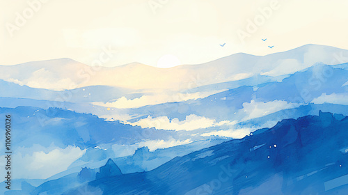 A watercolor illustration depicting a tranquil mountain landscape in shades of blue with misty valleys and a soft sunrise for landscapes.