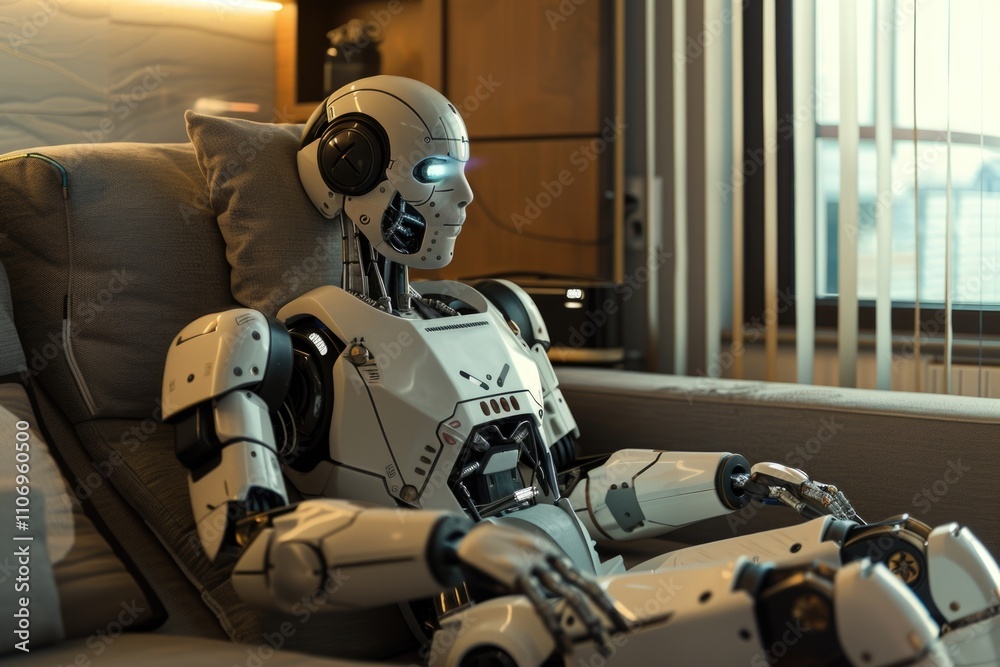 Robot is sitting on a couch. The robot is white and has blue eyes. The robot is looking at the camera Robot is sitting on a couch. The robot is white and has blue eyes. The robot is looking at the camera