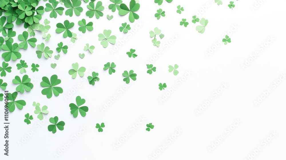 Bunch of green shamrocks scattered across a white background. The shamrocks are arranged in a way that they look like they are floating in the air. Concept of celebration and joy Bunch of green shamrocks scattered across a white background. The shamrocks are arranged in a way that they look like they are floating in the air. Concept of celebration and joy