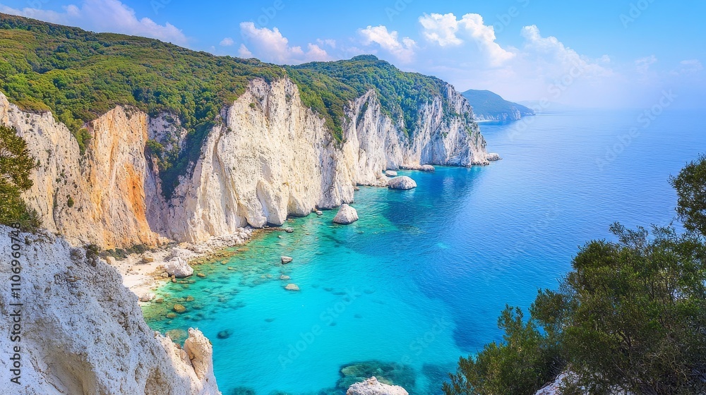 Coastal Cliffs with Clear Blue Water and Lush Greenery Coastal Cliffs with Clear Blue Water and Lush Greenery