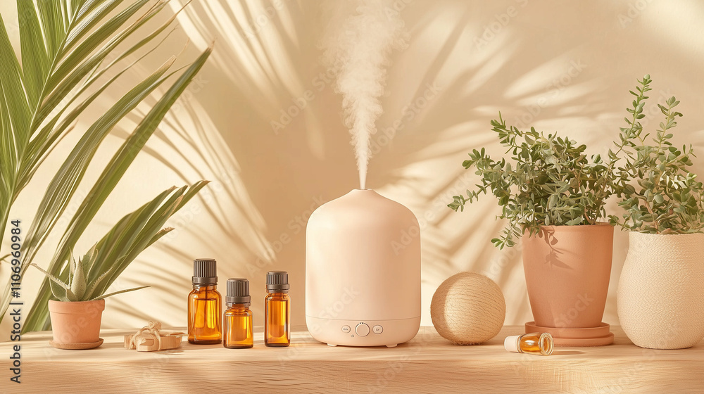A modern ceramic essential oil diffuser releasing mist, styled with potted plants and oil bottles on a wooden shelf in a bright, minimalist room. A modern ceramic essential oil diffuser releasing mist, styled with potted plants and oil bottles on a wooden shelf in a bright, minimalist room.