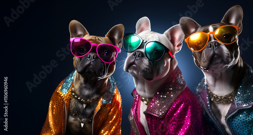 Fototapeta Naklejka Na Ścianę i Meble -  Creative animal concept. Group gang of French bulldog dog puppy in sparkly rock punk neon bright colour outfit, copy text space. commercial, editorial advertisement party invitation invite