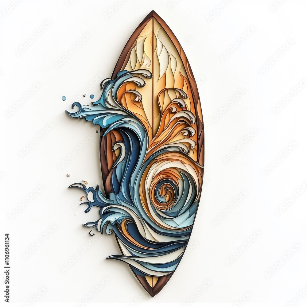 Paper Art representation of a surfboard, isolated on a white background, highlighting creativity and craftsmanship. Paper Art representation of a surfboard, isolated on a white background, highlighting creativity and craftsmanship.