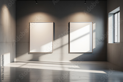 An empty art gallery space with two blank frames on the wall, illuminated by natural light streaming through the windows, emphasizing minimalism and simplicity for graphic resources.