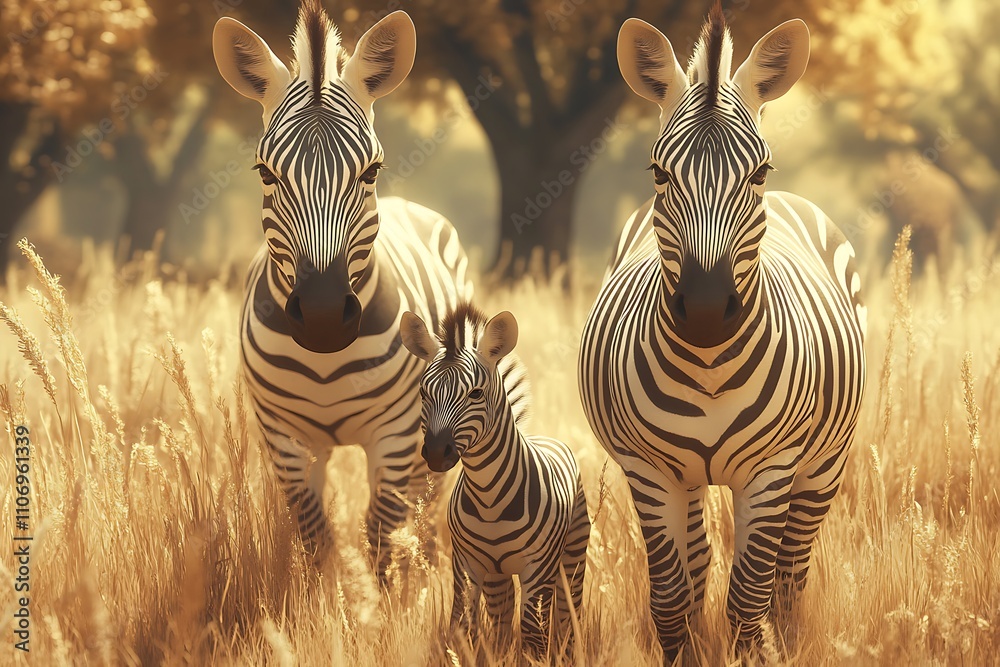 Fototapeta premium Zebra Family Stands Tall In Golden Grassland