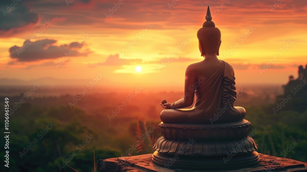 Statue of a Buddha sitting on a hillside with a sunset in the background. Concept of peace and tranquility Statue of a Buddha sitting on a hillside with a sunset in the background. Concept of peace and tranquility