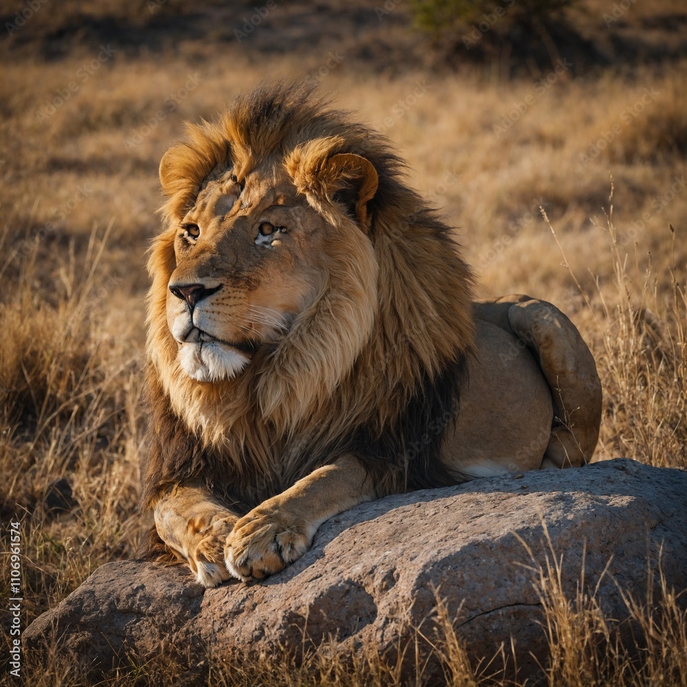 Obraz premium A lion resting majestically on a rock in the African savanna.