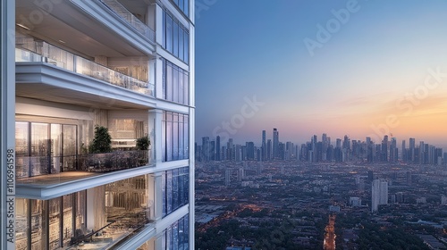 Modern high-rise apartment building overlooking a cityscape at sunset