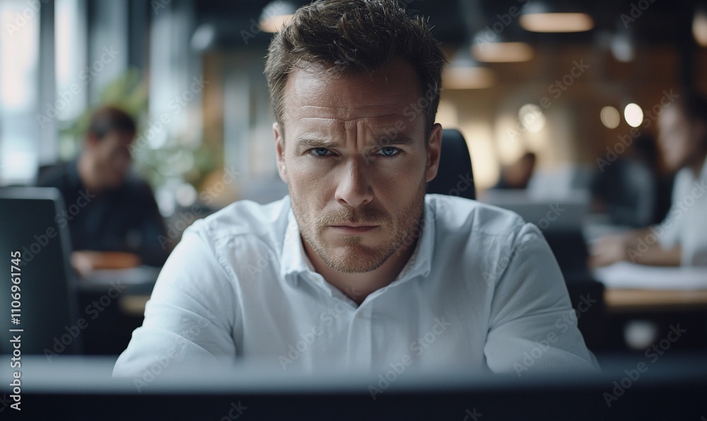 Focused man working intently at a computer in a modern office. Focused man working intently at a computer in a modern office.