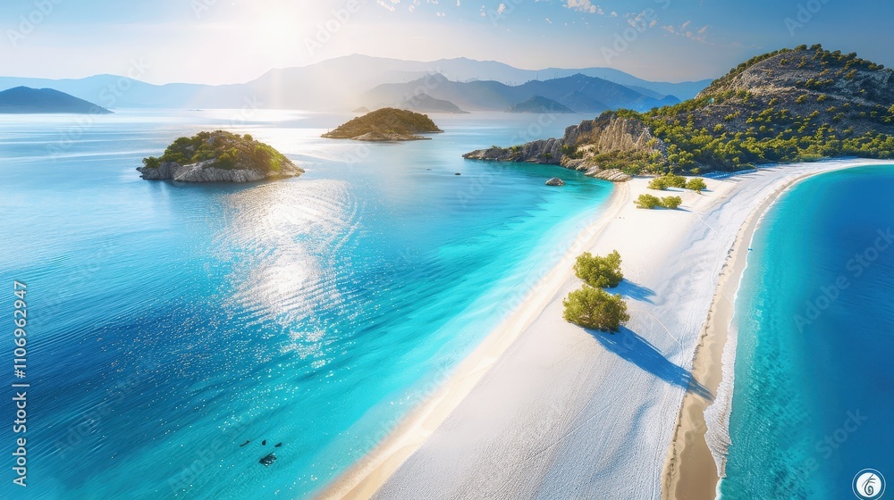Fototapeta premium Serene Tropical Beach with Clear Blue Water and Sandy Shoreline