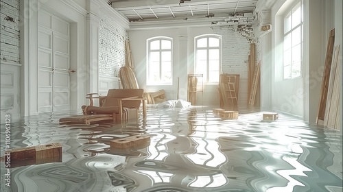 Simple cozy vintage old room full of light half submerged under the water. photo