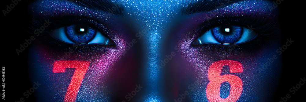 Naklejka premium Vibrant Eyes with Neon 7 & 6, Abstract Glitter Makeup Art