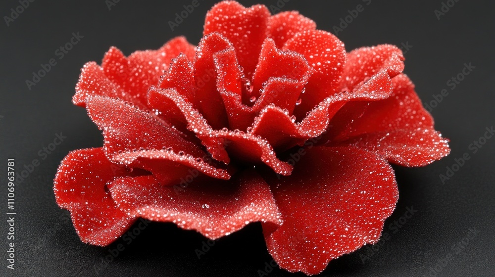 A close-up of a red flower with water droplets on its petals. A close-up of a red flower with water droplets on its petals.