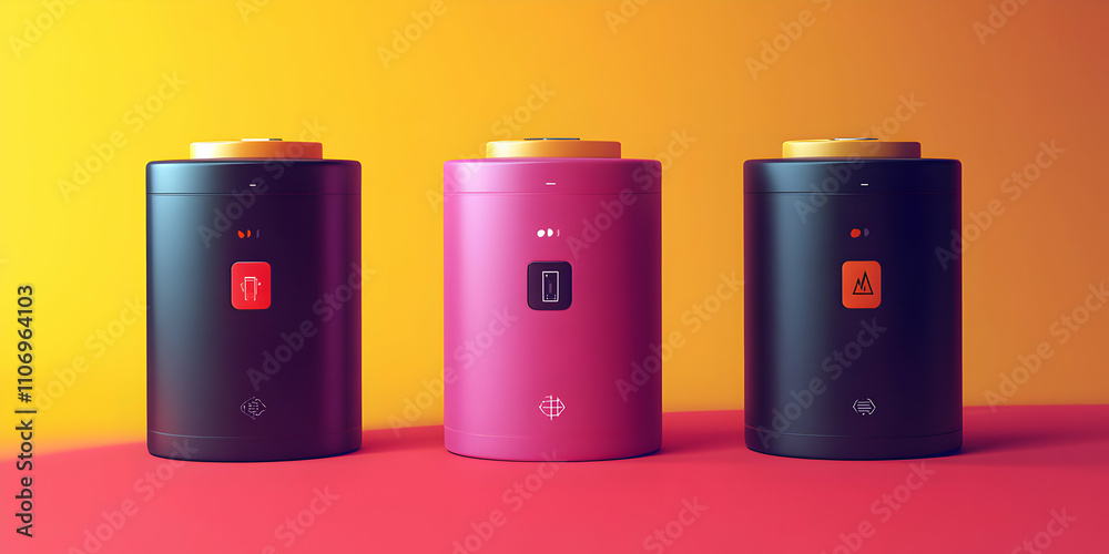 Stylish Cylindrical Devices, Modern Design, Colorful Power Banks, Innovative Technology, Vibrant Background Stylish Cylindrical Devices, Modern Design, Colorful Power Banks, Innovative Technology, Vibrant Background