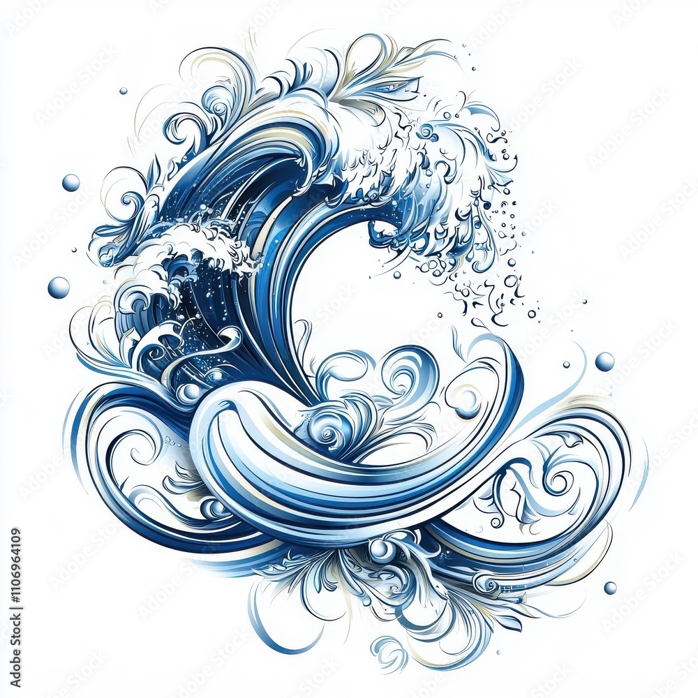 Fototapeta premium Art Nouveau style depiction of an ocean wave, isolate on a white background, featuring elegant curves and flowing lines.