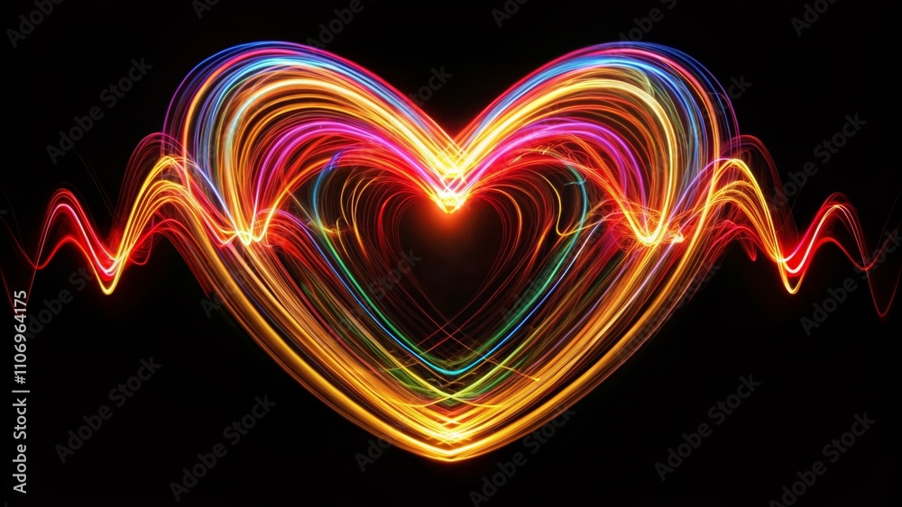 Heart with Rhythm Pattern: Captivating Long Exposure Art on Black Background, Visualizing Pulses and Beats in a Mesmerizing Display of Light and Shadow Heart with Rhythm Pattern: Captivating Long Exposure Art on Black Background, Visualizing Pulses and Beats in a Mesmerizing Display of Light and Shadow
