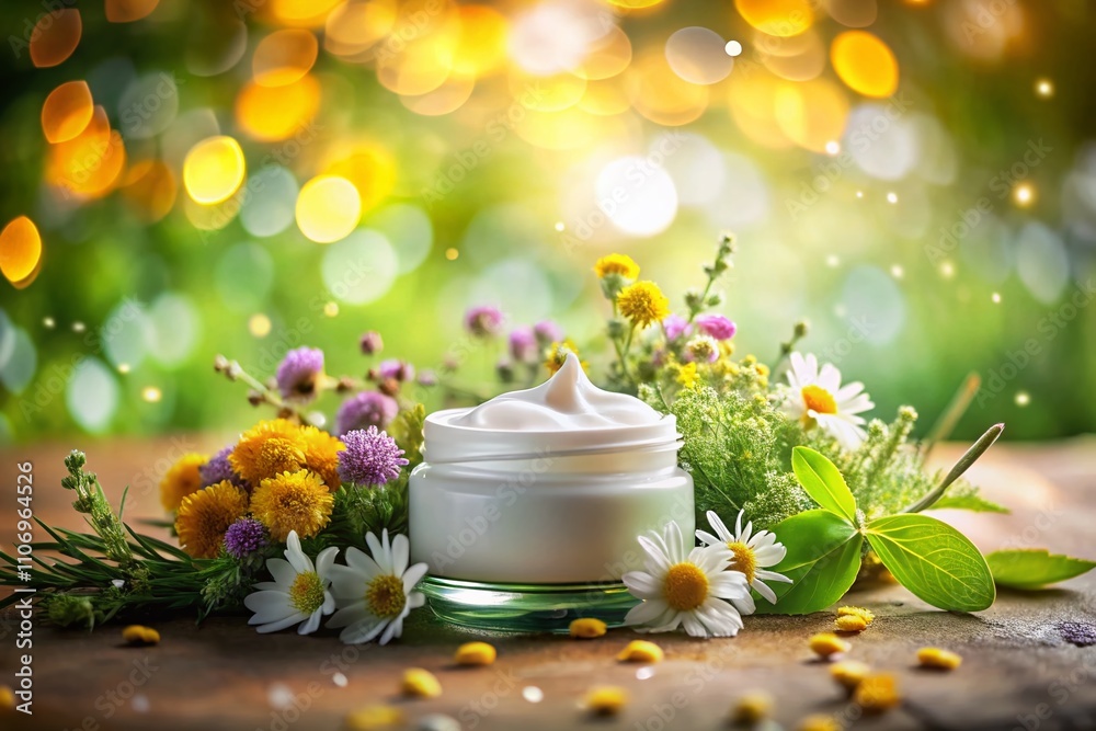 Herbal Cream Design with Natural Elements and Bokeh Effect, Highlighting Organic Ingredients for Wellness and Skincare, Perfect for Nature-Inspired Graphics and Marketing