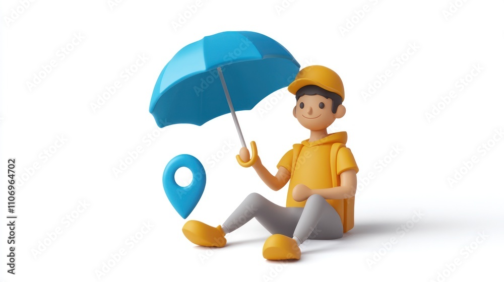 A 3D character sitting under an umbrella, symbolizing travel and location services. A 3D character sitting under an umbrella, symbolizing travel and location services.