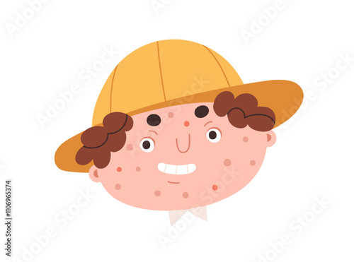 Boy avatar, face with freckles, moles and pimples. Quirky weird funny kid character in hat, smiling, head portrait. Nerd child, user profile. Flat vector illustration isolated on white background