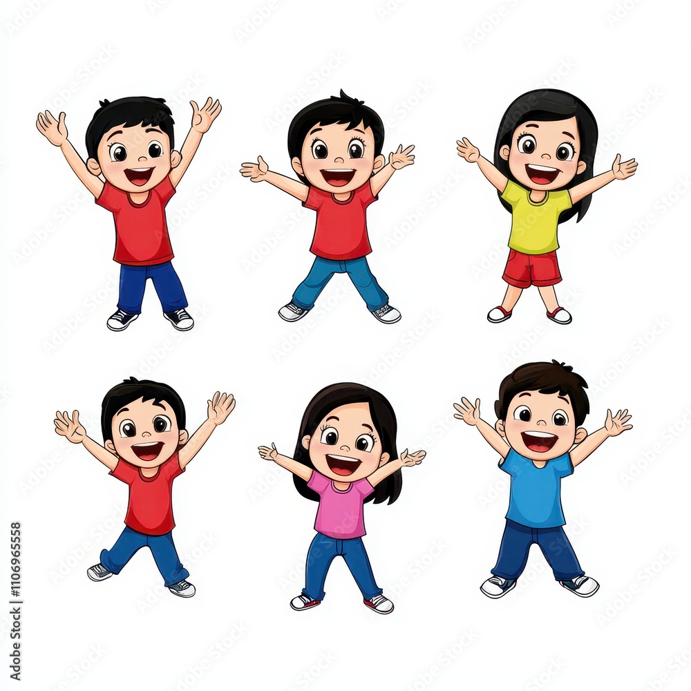 Bright and Cheerful Cartoon Children Jumping for Joy with Outstretched Arms Displaying Happiness and Playfulness in a Colorful Design Suitable for Various Creative Projects Bright and Cheerful Cartoon Children Jumping for Joy with Outstretched Arms Displaying Happiness and Playfulness in a Colorful Design Suitable for Various Creative Projects