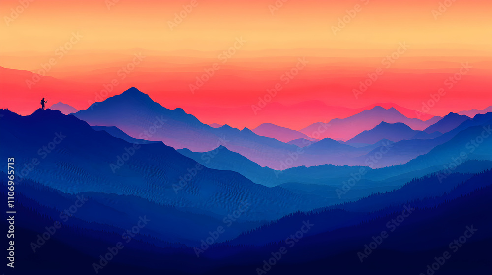 Fototapeta premium Majestic Sunset over Serene Mountain Ranges, A Digital Illustration of layered mountains at sunset, with a lone hiker silhouetted against a vibrant sky.