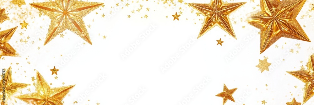 Shining Golden Christmas Stars Festive Pattern on White Background with Copy Space Center for Text Shining Golden Christmas Stars Festive Pattern on White Background with Copy Space Center for Text