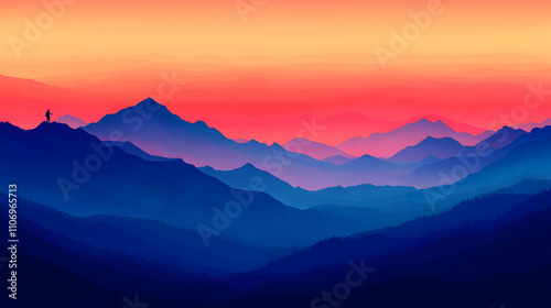 Majestic Sunset over Serene Mountain Ranges, A Digital Illustration of layered mountains at sunset, with a lone hiker silhouetted against a vibrant sky.