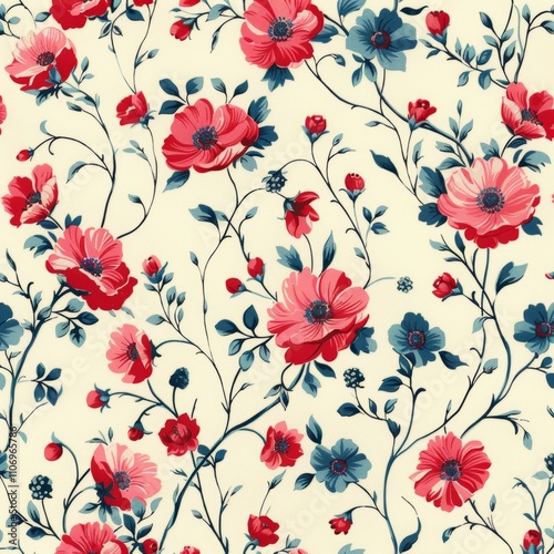 Vibrant floral pattern showcasing delicate pink and blue blossoms intertwined with green leaves on a soft cream background