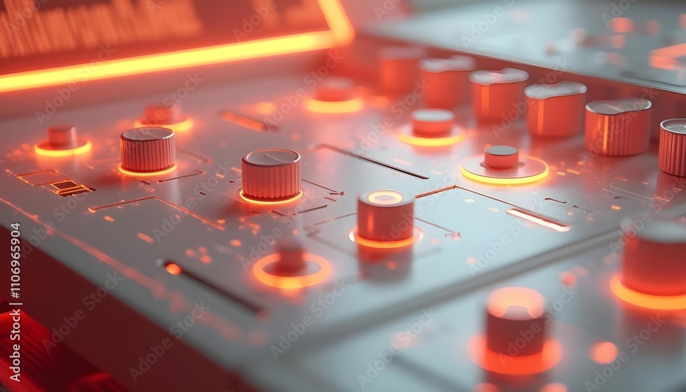 A futuristic sci-fi control panel with illuminated red buttons and dial, A futuristic sci-fi control panel with illuminated red buttons and dial,