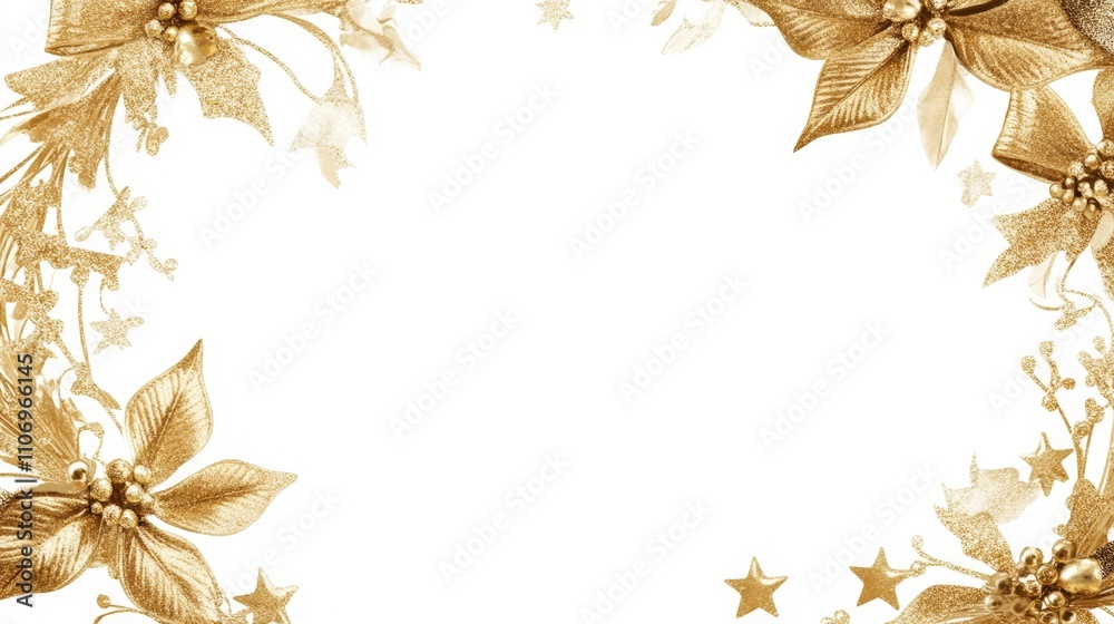 Golden Holiday Wreath with Bows and Stars on White Background for Text Space Golden Holiday Wreath with Bows and Stars on White Background for Text Space