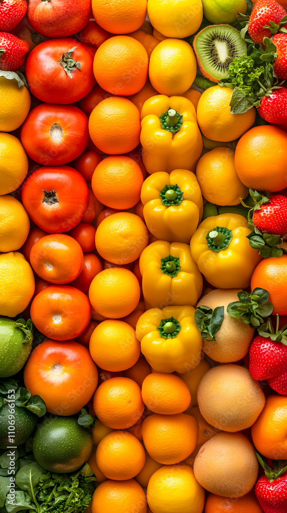 Vibrant Citrus & Tomato Arrangement, A Colorful Still Life of Fresh Produce, Arranged in Rows, Displaying a Delightful Palette of Oranges, Tomatoes, and Yellow Peppers. Vibrant Citrus & Tomato Arrangement, A Colorful Still Life of Fresh Produce, Arranged in Rows, Displaying a Delightful Palette of Oranges, Tomatoes, and Yellow Peppers.