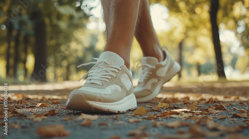 Close up of a man's legs wearing tennis shoes sneakers walking outdoors in the park exercizing going for a walk int he park.