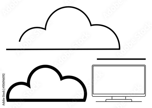 Two stylized cloud shapes above and next to a minimalistic monitor outline. Ideal for tech, data storage, cloud computing, IT services, innovation, digitalization, remote work. Line metaphor