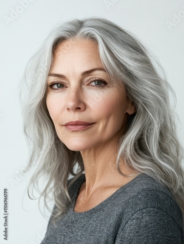 Attractive gorgeous mature older woman looking at camera isolated on white background advertising skincare spa treatment. Mid age tightening face skin care rejuvenation cosmetics concept. Portrait